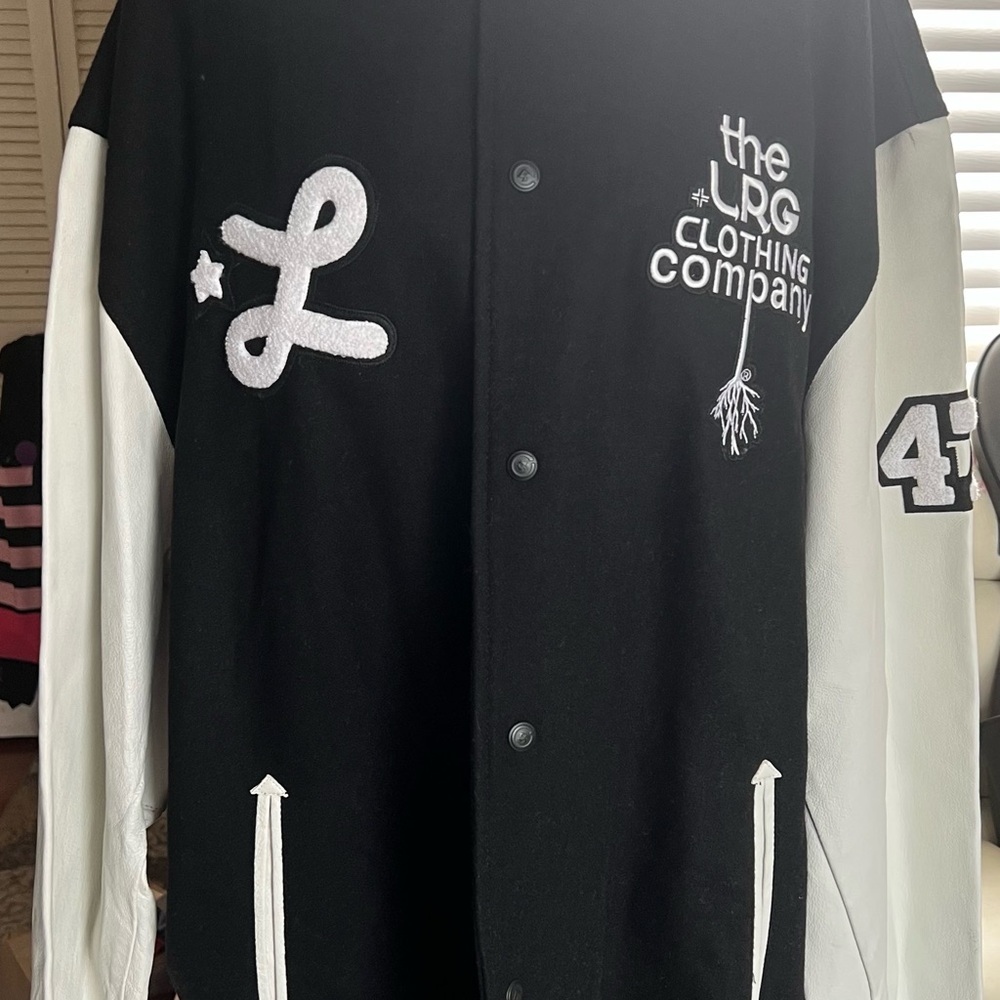 LRG Black and White Varsity Jacket Leather Arms